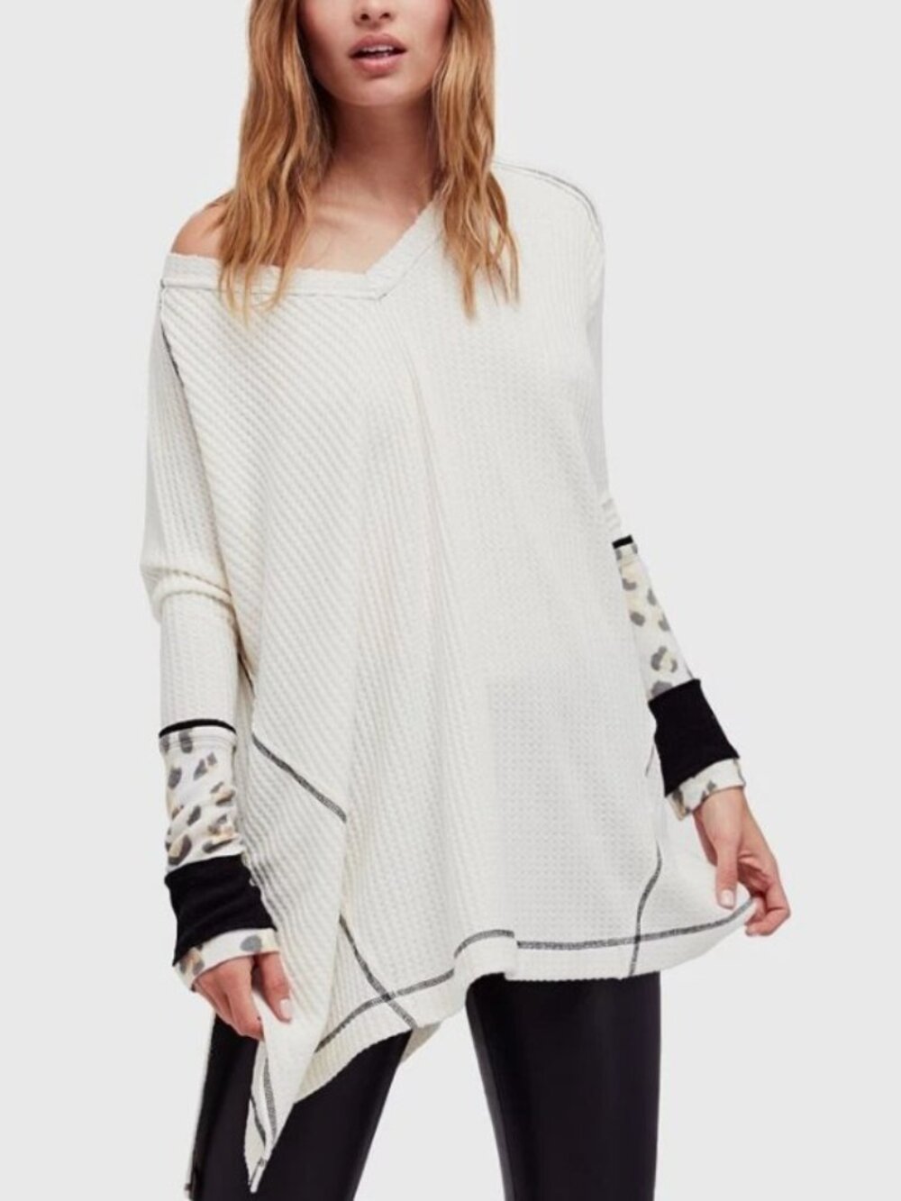 Lovin Leopard Oversized Waffle Knit Thermal Pullover Medium